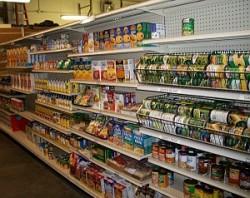 Food pantry shelves stocked with food
